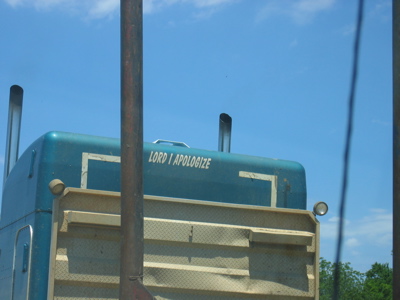 photo of truck with words - lord, forgive me - written on it
